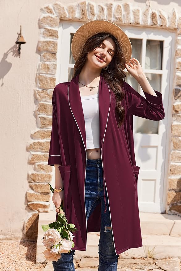 Ekouaer Women Robes Shawl Collar Bathrobe Short Kimono Robe Soft Knit Bathrobes Ladies Sleepwear with Pockets S-XXL