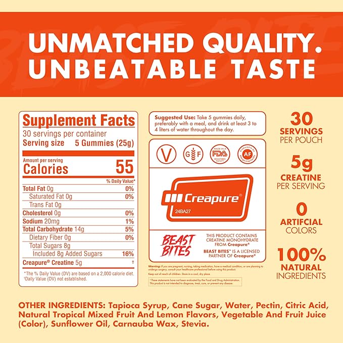 BEAST BITES - Creatine Infused Gummies - 5g Creapure Creatine Monohydrate Per Serving - NSF Certified for Sport - 30 Servings
