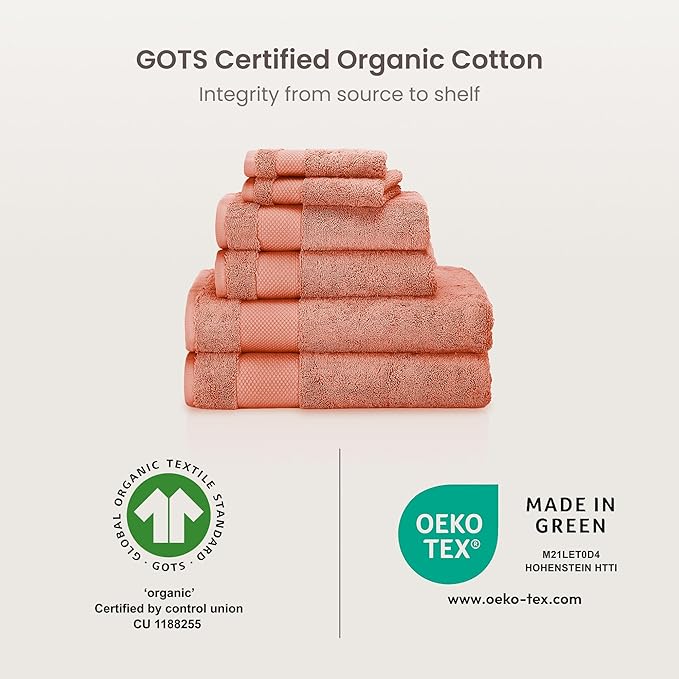 BIOWEAVES 100% Organic Cotton 700 GSM Plush 6-Piece Premium Towel Set GOTS Certified, 2 Bath Towels, 2 Hand Towels & 2 Washcloths - Burnt Orange