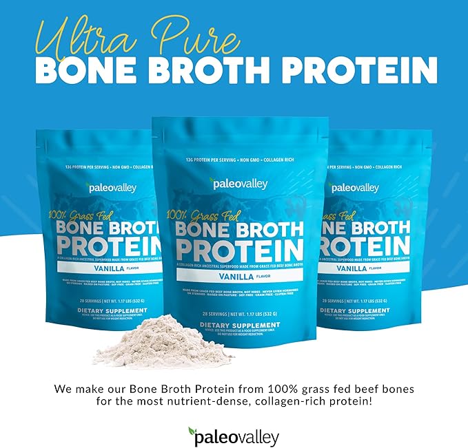 Paleovalley 100% Grass Fed Beef Bone Broth Protein Powder - Rich in Collagen Peptides for Hair, Skin, Gut Health, Bone and Joint Support - 15g Protein Per Serving - No Gluten or GMOs - Vanilla