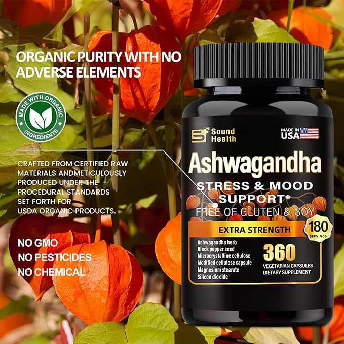 SoundHealth Organic Ashwagandha Capsules Supplement - 7000mg Herb Powder Equivalent per Serving - Immune Support, Hormone Balance - Enhanced Nutrient Absorption - 360 Capsules (180 Servings)