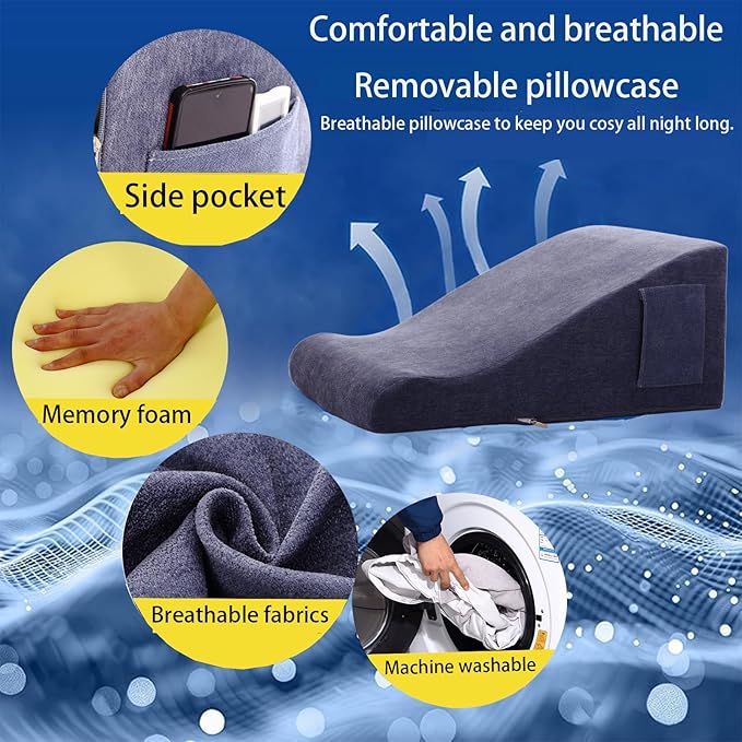 Bed Reading Pillow - Sofa Bed Wedge Pillow - Post-Op Recovery Backrest Pillow - Working Lumbar Support Reading Pillow with Removable Pillowcase Dark Blue 27x20x12in
