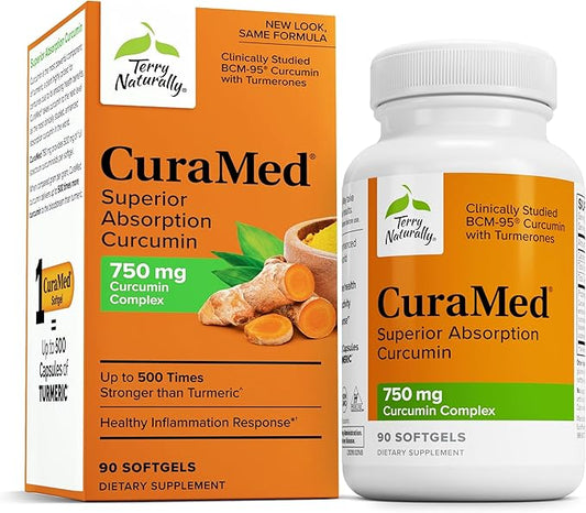 Terry Naturally CuraMed 750 mg - Antioxidant Supplement for Brain & Heart Health Support - Supplement with High-Potency Curcumin Complex - Kidney, Liver & Immune Health Support - 90 Softgels (1 Pack)