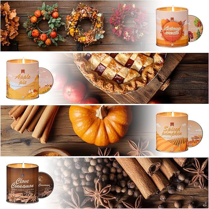 36oz Scented Fall Candles Set, 4Pack Aromatherapy Soy Wax Candles House Warming Halloween Birthday Gifts, Birthday Halloween Chirstmas Candles for Women Men 9oz Apple/Wreath/Cinnamon/Pumpkin Candle