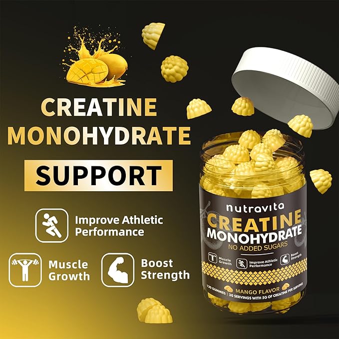 Nutravita Creatine Monohydrate Gummies for Men & Women-5g of Creatine Monohydrate per Serving - Sugar Free,Vegan, Mango Flavor, 120 Count