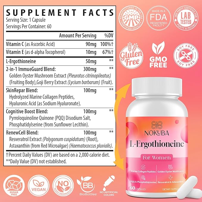 L-Ergothioneine with Mushroom Supplement for Women | Skin Care, Brain, Immune, Cognitive Support, Oyster Mushrooms, Collagen Peptides, PQQ, Resveratrol | 120 Capsules