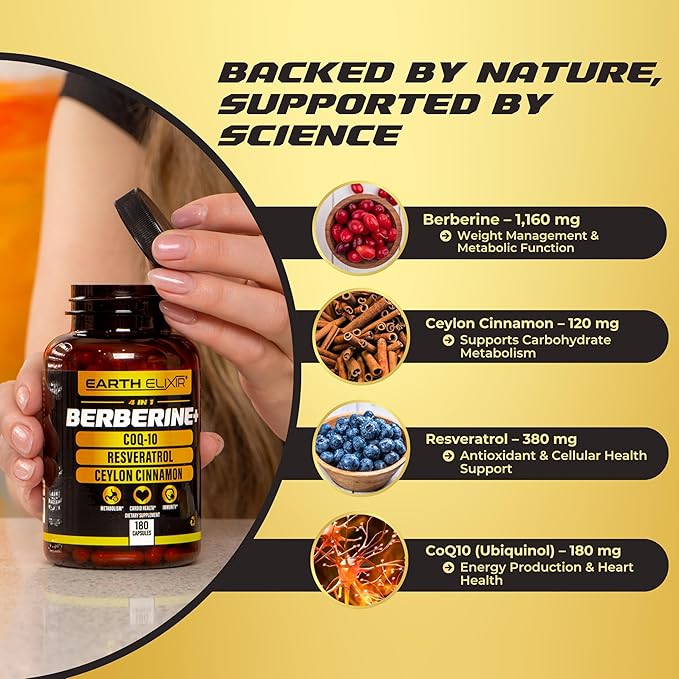 Earth Elixir 4-in-1 Berberine Supplement – Organic Berberine with Ceylon Cinnamon, CoQ10 Ubiquinol, and Resveratrol Powder – Metabolic & Cellular Energy Support, 180 Vegan Capsules
