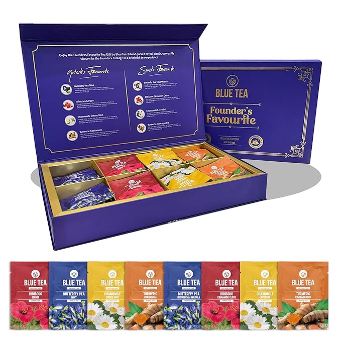 BLUE TEA - Founder’s Favourite Assorted Gift Set | 8 Varieties, 40 Count - Pyramid Plant Based Tea Bag | Caffeine Free - Herbal Tea Sampler | Tea Variety Pack | Gifts for Him and Her