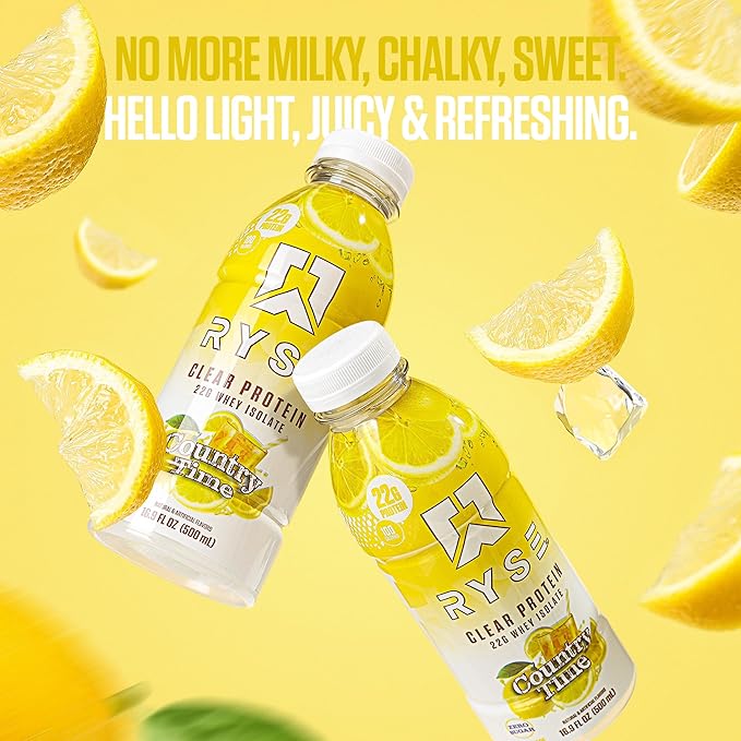 RYSE Clear Protein Shake - Country Time Lemonade - 100 Calories, 22g Whey Isolate Protein, Sugar-Free, 0g Fat & Lactose-Free - Refreshing Ready-to-Drink Beverage - 16.9 fl oz Bottles (12-Pack)