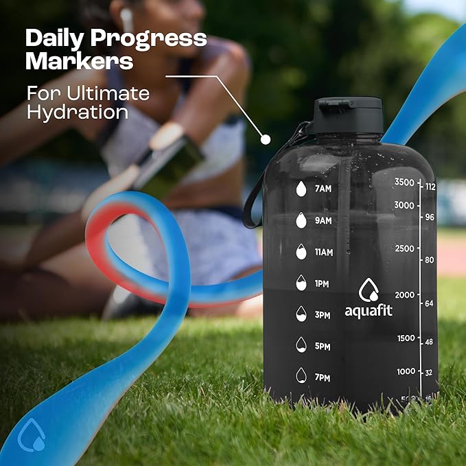 AQUAFIT 1 Gallon Water Bottle with Time Marker - Straw & Chug Lid - BPA Free Gym Water Bottle with Straw - Big Gallon Jug (Midnight Gray, 128 oz - 2 Lids)