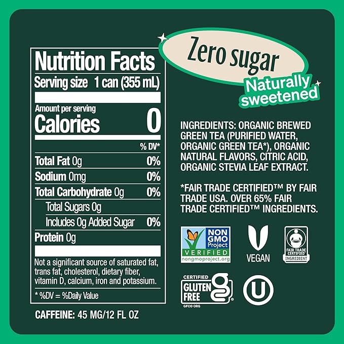 Zevia Zero Sugar Tea, Green Tea, 12 oz Cans (12-Pack) – Naturally Sweetened, Zero Calorie Sugar Free - Non-GMO Project Verified, Gluten-Free, Vegan
