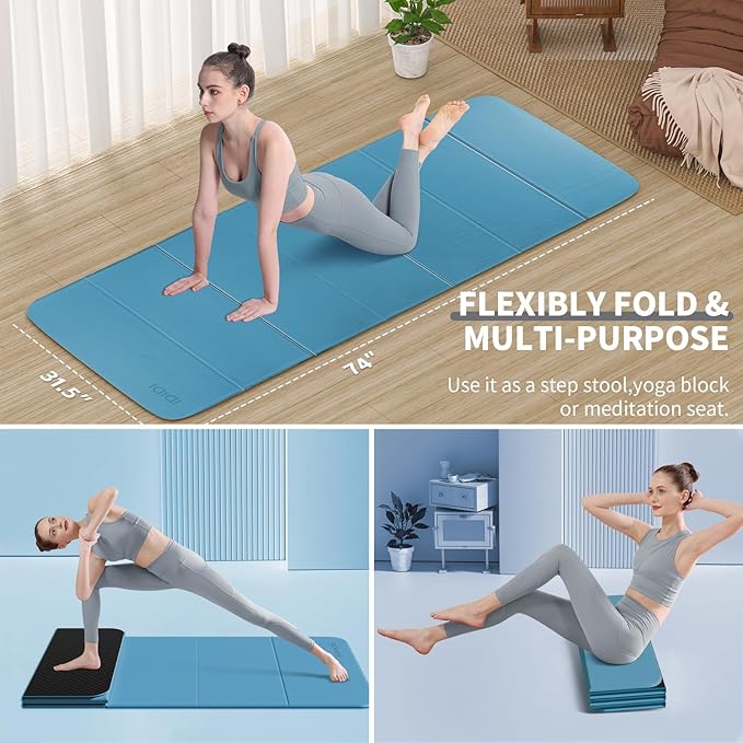 8mm Extra Large Foldable Yoga & Fitness Mat(74" x 31.5" x 0.32"), Double-Sided Non Slip & Lightweight Pilates Mat, Thick Wide Exercise Mats for Woman Man Kids, Portable Workout Mats for Travel, Studio or Home Use