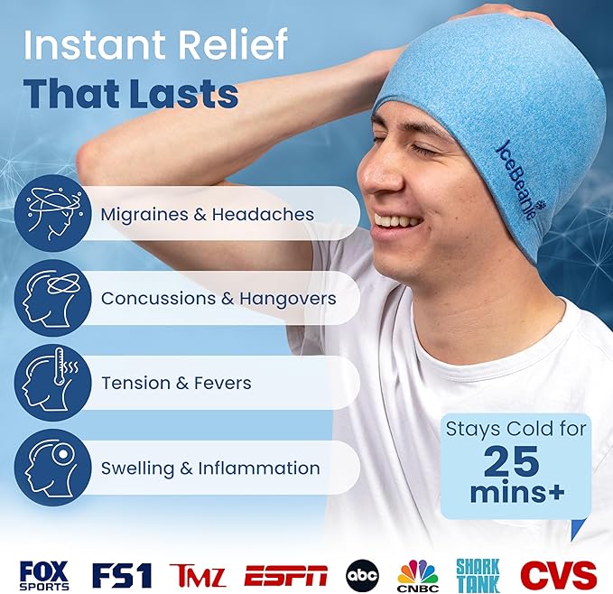 IceBeanie Migraine Relief Cap, As Seen on Shark Tank, Soft & Stretchy Gel Tension Headache Relief Cap, Extended Cooling Hangover Ice Hat, Odorless Head Wrap Ice Pack Wrap, Headache Migraine Mask
