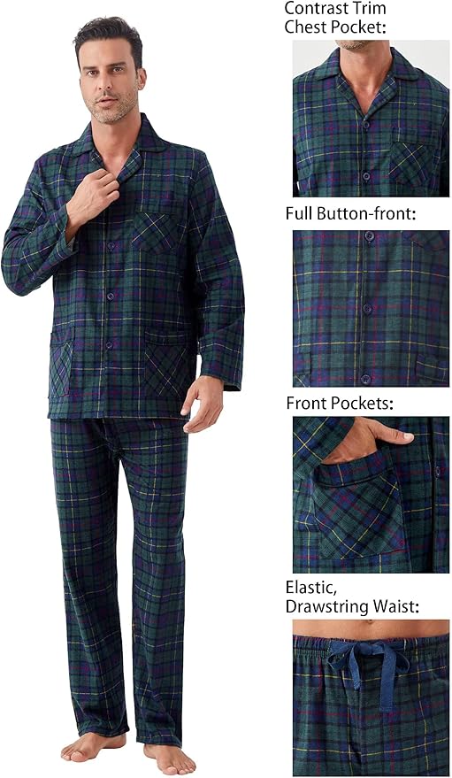 GLOBAL Men's Pajamas Sets 100% Cotton Flannel Sleepwear Long-Sleeve top & Bottom