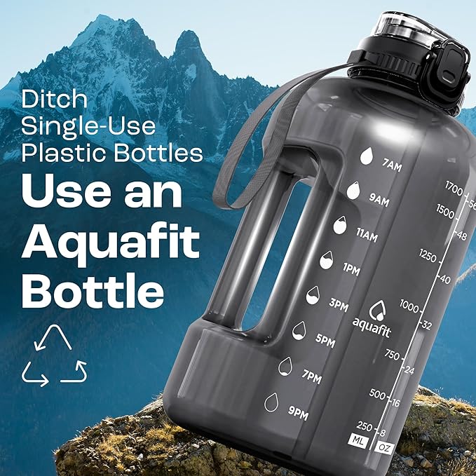 AQUAFIT Half Gallon Water Bottle with Time Marker - Straw & Chug Lid - BPA Free Gym Water Bottle with Straw - Big Gallon Jug (Gray, 64 oz - 2in1 Lid)