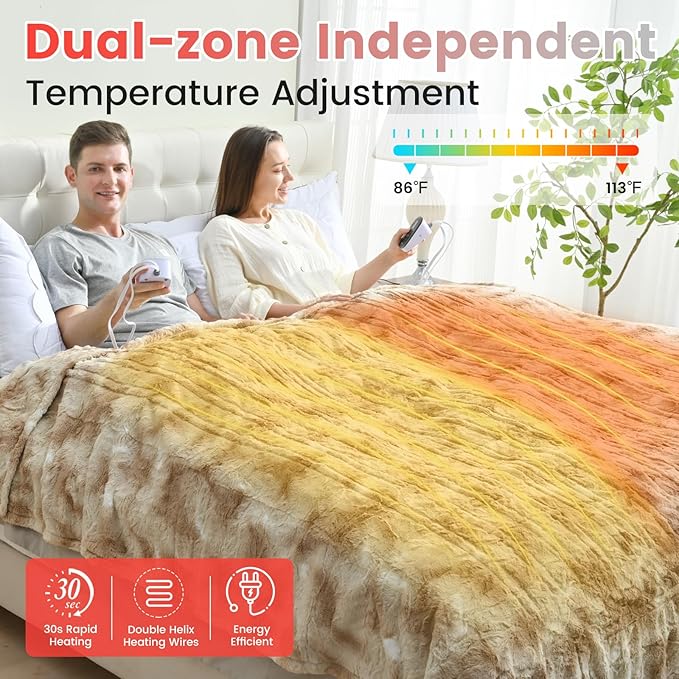 Sunable Heated Electric Blanket - Machine Washable Blanket with Time Settings 10 Heat Settings King Size 100×90 inches Beige - Faux Fur