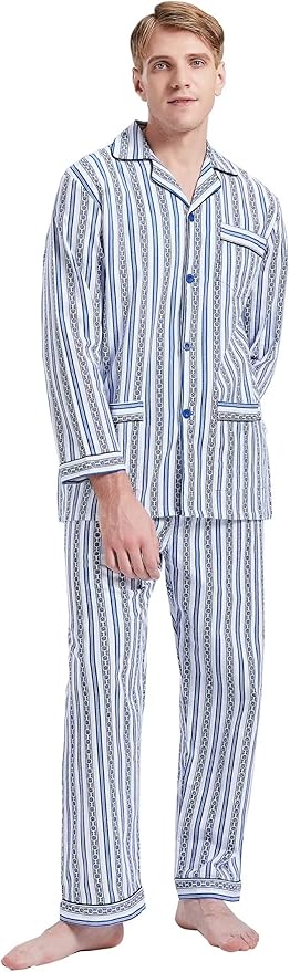 GLOBAL Men's Pajamas Sets 100% Cotton Flannel Sleepwear Long-Sleeve top & Bottom