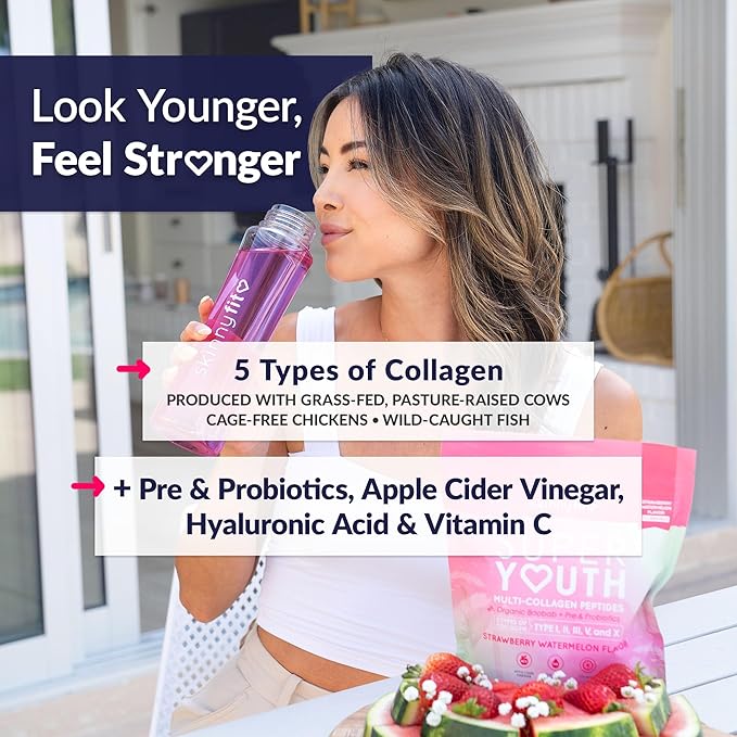 SkinnyFit - Super Youth Collagen for Women - Multi Collagen Peptides Powder - Probiotics, Fiber, Hyaluronic Acid - Non GMO, Gluten Free, Sugar Free - Beauty - Strawberry Watermelon (28 Servings)