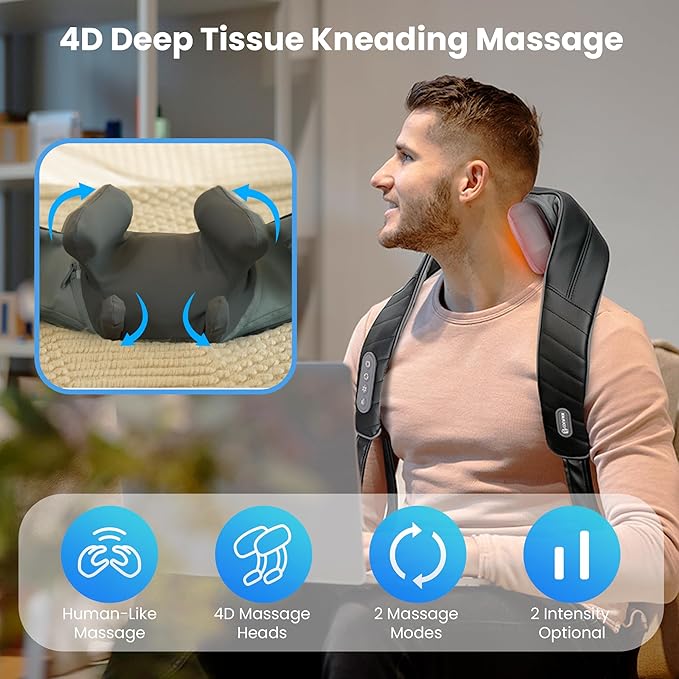 COMFIER Cordless Neck Shoulder Massager with Heat, Shiatsu Back Massager for Pain Deep Tissue, 4D Kneading Massager for Neck Shoulder, Gifts for Mom/Dad