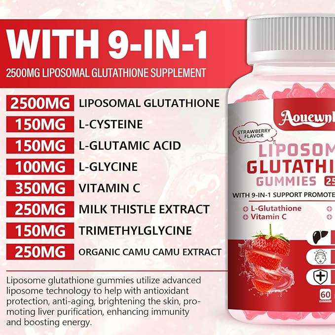 2 Packs 2500MG Liposomal Glutathione Gummies Supplement - Support Skin & Liver Function, 98% Bioavailability, with L-Glutathione & Milk Thistle to Support Antioxidant & Enhance Immunity
