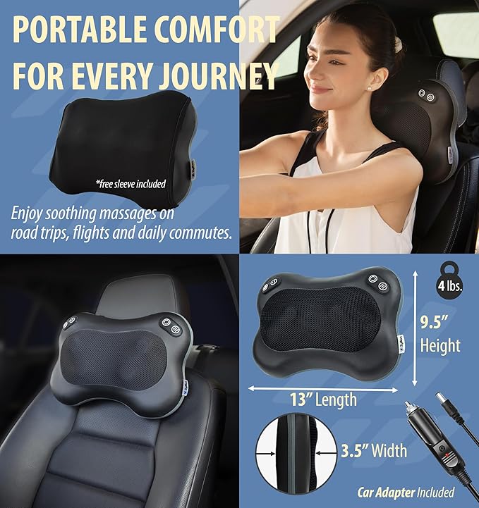 Zyllion Shiatsu Back and Neck Massager with Heat - 3D Electric Kneading Deep Tissue Massage Pillow with 2 Speeds for Muscle Pain Relief, Black, ZMA-34