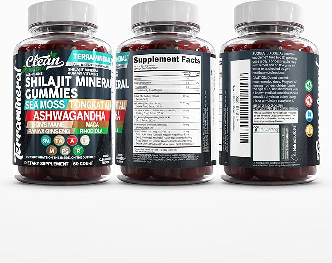 Terramineral Shilajit Gummies with Irish Sea Moss Tongkat Ali Ashwagandha Lion's Mane MACA Panax Ginseng Rhodiola & Cordyceps by Clean Nutra (1)