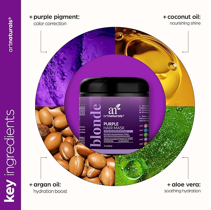 Artnaturals Purple Hair Mask for Blonde, Silver & Platinum Hair - Removes Yellow Brassy Color, Repairs Dry & Bleached Hair - Deep Conditioning Treatment Hair Moisturizer - Sulfate Free (8 Oz/226g)