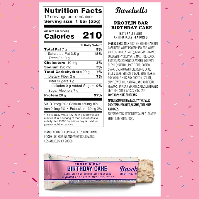 Barebells Protein Bars Birthday Cake - 12 Count, 20g High Protein Treats - Chocolate Nutrition Bar with 1g Total Sugars - On-The-Go Breakfast or Post-Workout Snack
