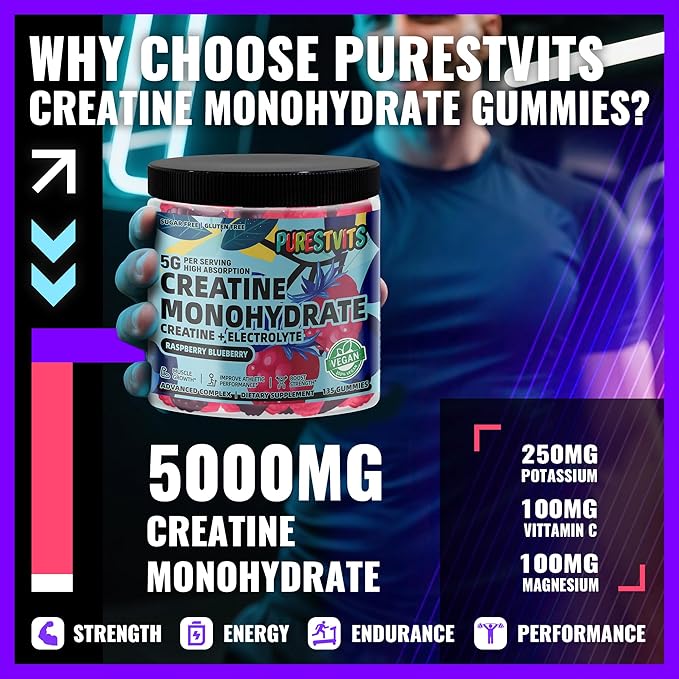 Creatine Monohydrate Gummies (5g) – Pre-Workout Energy & Muscle Growth Support for Men & Women | Blueberry Raspberry Electrolyte Gummies (135 Count)