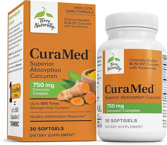 Terry Naturally CuraMed 750 mg - Antioxidant Supplement for Brain & Heart Health Support - Supplement with High-Potency Curcumin Complex - Kidney, Liver & Immune Health Support - 30 Softgels (1 Pack)