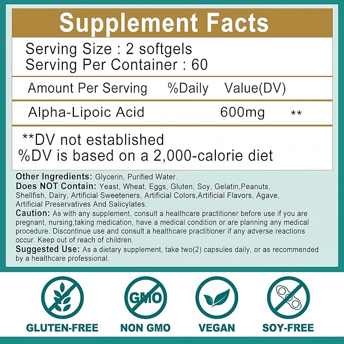 Alpha Lipoic Acid 600mg - High Absorption ALA Supplement Antioxidant for Nerve, Energy, Metabolism & Liver Detox Support - Extra Strength Alpha Lipoic Acid Softgels - Non-GMO, 120 Vegan Capsules
