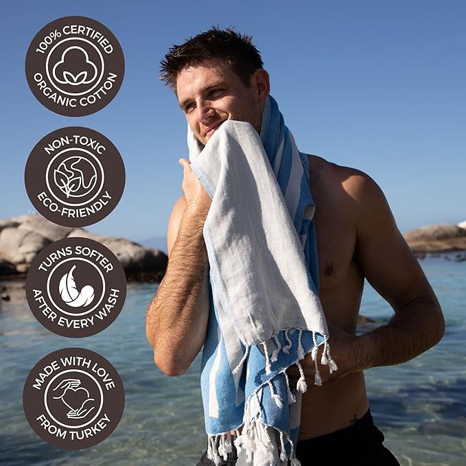 FESHKA Sand Proof Turkish Beach Towel – Oversized, Quick Dry & Lightweight Travel Towel - 100% Organic Cotton Beach Blanket - Perfect for Bath, Pool & Picnic | Blue Stripes (Blue)