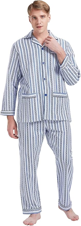 GLOBAL Men's Pajamas Sets 100% Cotton Flannel Sleepwear Long-Sleeve top & Bottom