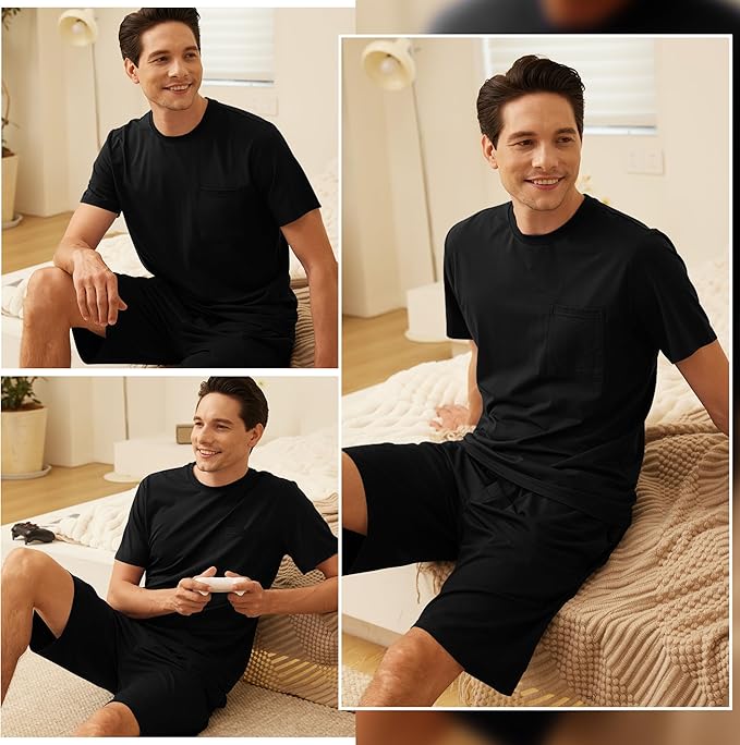 BAMBOO COOL Mens Pajama Set Summer Pjs Sleepwear Short Sleeve Shirts Soft Lightweight Sleep Sets with Pockets S-2XL