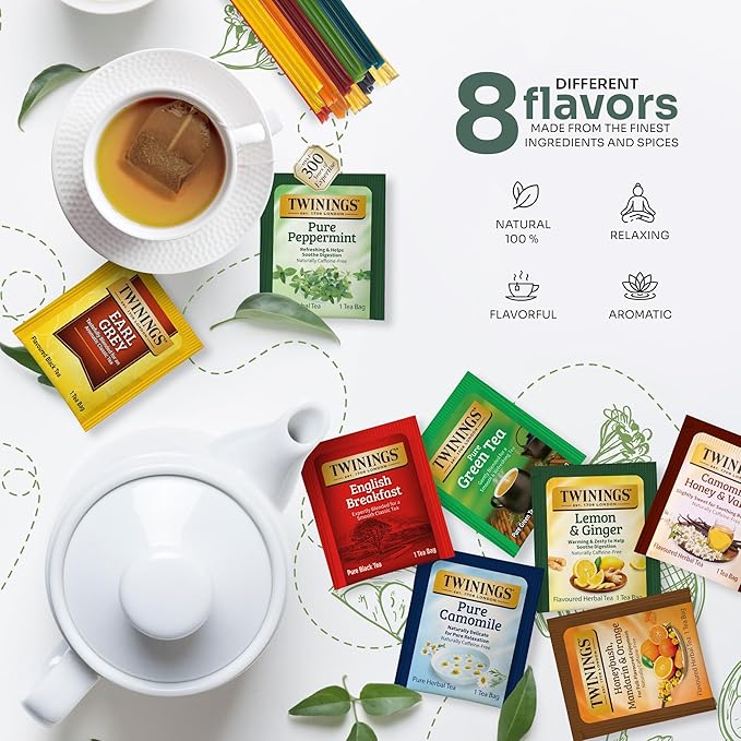 Twinings 48 Tea Bags Herbal Variety Pack, Bundle with 20 Flavored Honey Sticks – 8 Flavors Caffeine-Free Individually Wrapped Teas for Gift Baskets, Office, or Lobby Refreshments