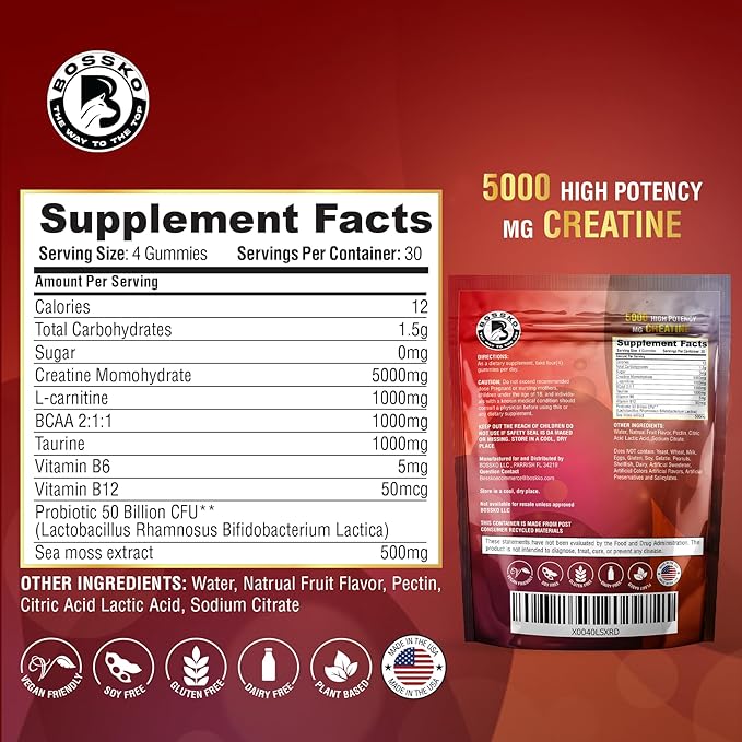 (9g) Creatine Monohydrate Gummies Complex with BCAA - L-Taurine L-Carnitine- B12 Probiotics Pre Workout Chewables Gummies for Men & Women | Vegan Non-GMO 120 Count