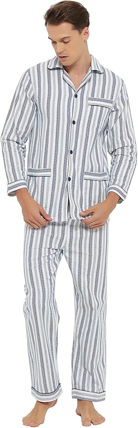 GLOBAL Men's Pajamas Sets 100% Cotton Flannel Sleepwear Long-Sleeve top & Bottom