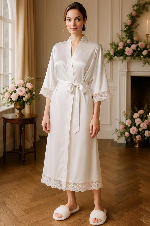 BABEYOND Satin Kimono Robe Silky Long Bridesmaid Wedding Lightweight Bath Robe with Lace Trim