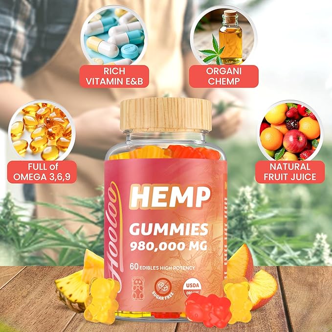 HOOLOO Hemp Gummies 980,000 Fruity, Bears Sugar Free Hemp Gummy for Adults, Made in USA