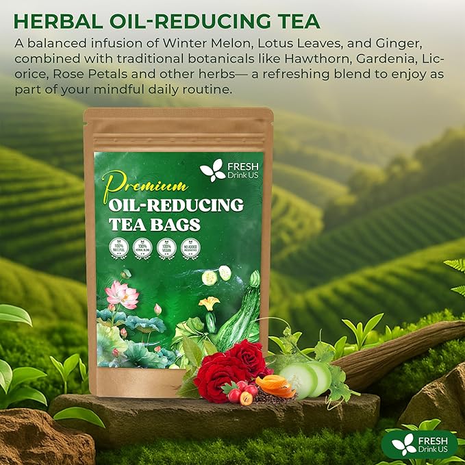 FreshDrinkUS, Oil-Reducing Herbal Tea β 10 Tea Bags | Blend of Winter Melon, Lotus Leaf, Ginger, Hawthorn, Gardenia Fruit, Rose, Cassia Seed & More | Naturally Caffeine-Free | Delicious Hot or Iced