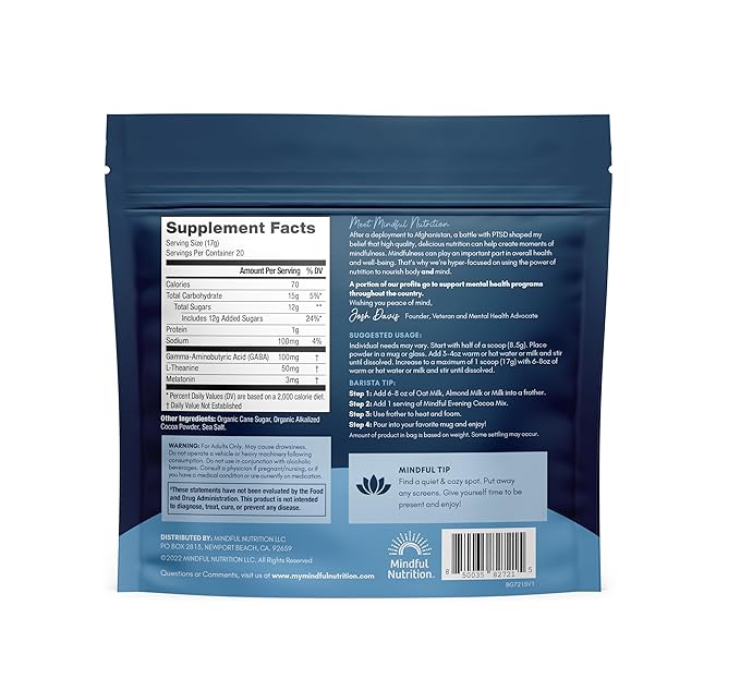 Mindful Evening Cocoa Mix Sleep Supplement with Melatonin, L-Theanine and GABA 12oz 20 Servings