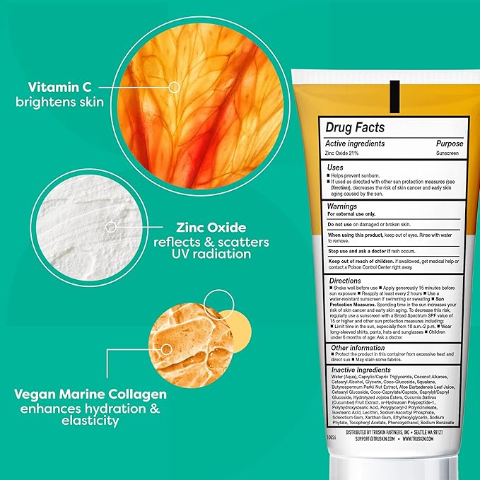TruSkin Mineral Sunscreen SPF 30 – Broad Spectrum Mineral Sunscreen for Face with Zinc Oxide, Vitamin C & Vegan Marine Collagen – Lightweight SPF for Sensitive Skin, 1.7 fl oz