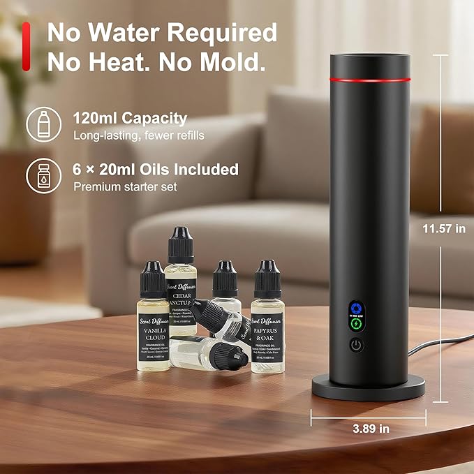 Waterless Diffuser, 1000 Sq.Ft Coverage, Essential Oil Diffuser with Tilt-Safe, Remote Control, Adjustable Mist Mode, Mood Lights Aromatherapy Diffuser for Home, Large Room, Office, Hotel, Black