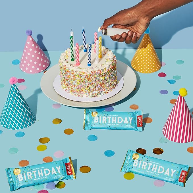 good! Snacks Birthday Cake Vegan Protein Bar, Soy & Gluten Free, Plant Based, Low Sugar, 15g Clean Protein, Natural Healthy Superfood Snack, Kosher Friendly, For Athletes & Active Lifestyles, 12 Bars