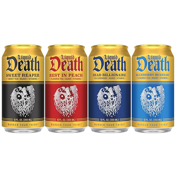 Liquid Death Iced Tea Variety Pack, 12-Pack (12 oz Cans), Low Calorie, Low Caffeine, No Artificial Sweeteners, B12 & B6 Vitamins, 4 Flavors: Dead Billionaire, Rest in Peach, Sweet Reaper, Blueberry Buzzsaw