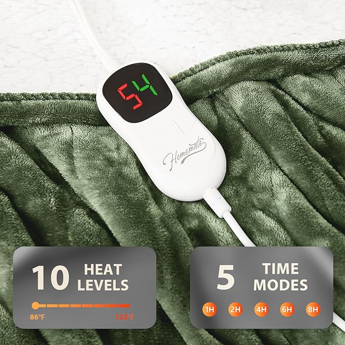 Homemate Electric Heated Blanket Full - 72"x84" Heating Bed Blankets Throw with 10 Heating Levels 8 Hours Auto Off Fast Heating Over-Heated Protection Ultra Soft Warm Flannel ETL Certified Green