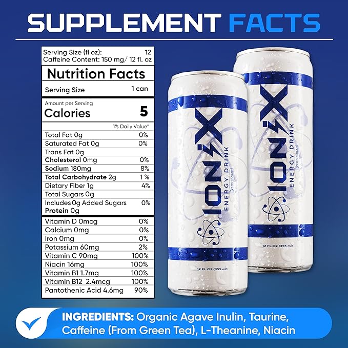 IoniX Nootropic Energy Drink- Zero Sugar- 12fl oz, pack of 12- 150mg Natural Caffeine from Green Tea- Mental Clarity, Focus, Vitamin B Complex, Vitamin C, Organic Agave Inulin (Prebiotic), Natural energy boost