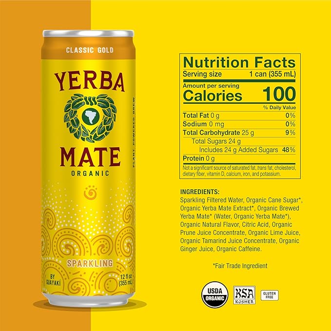 Yerba Madre Organic Organic Sparkling Yerba Mate, Classic Gold, 80mg Natural Plant Based Caffeine, Smooth Energy & Focus, Carbonated, 12 Oz (Pack of 12) (Packaging May Vary)