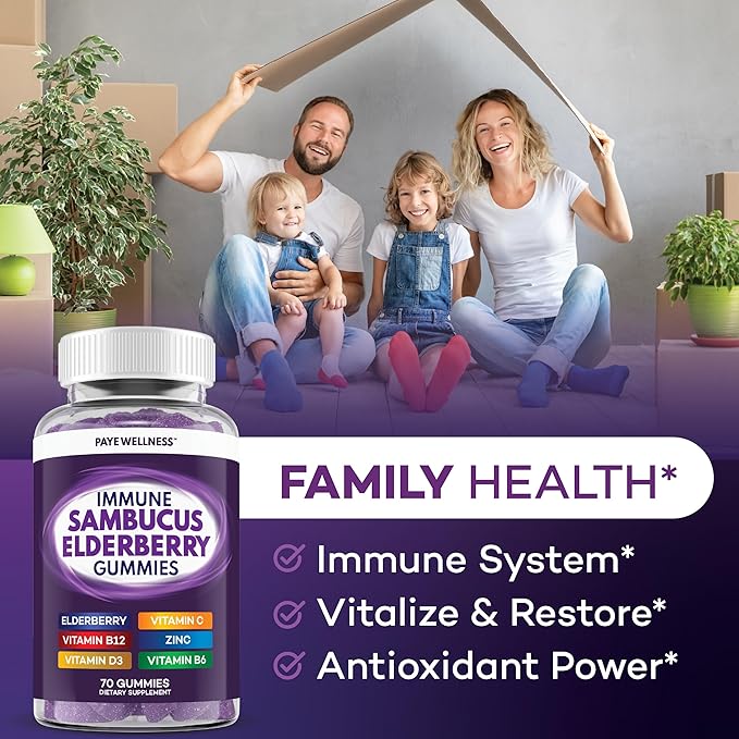 Elderberry Gummies Immune Support, Daily Support for Kids and Adults*, with Sambucus Elderberry, Zinc, Vitamin C, D3, B6, B12, Plus - Dietary Supplement - 140 Count