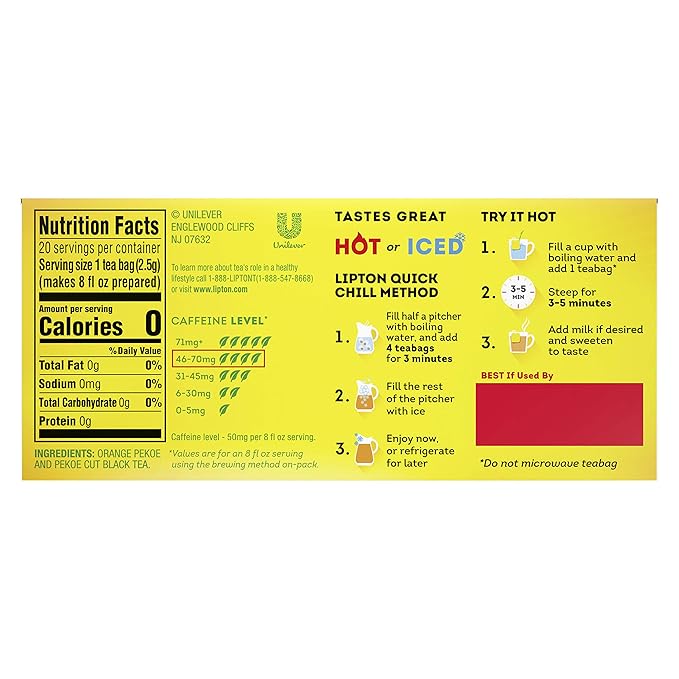 Lipton Black Tea Bags, Hot or Iced, Black tea with Caffeine, 240 Total Bags (20ct - Pack of 12)